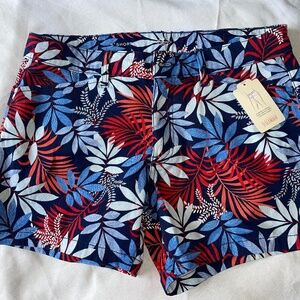 St. John’s Bay Mid Rise  5” Shorts Navy Blue/Red Tropical Palm Print Sz 6
